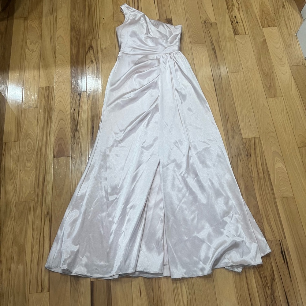 JJ’s House A-line One Shoulder Floor-Length Satin Bridesmaid Dress With Ruffle